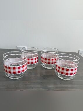 4 x vintage Libby red county gingham glasses